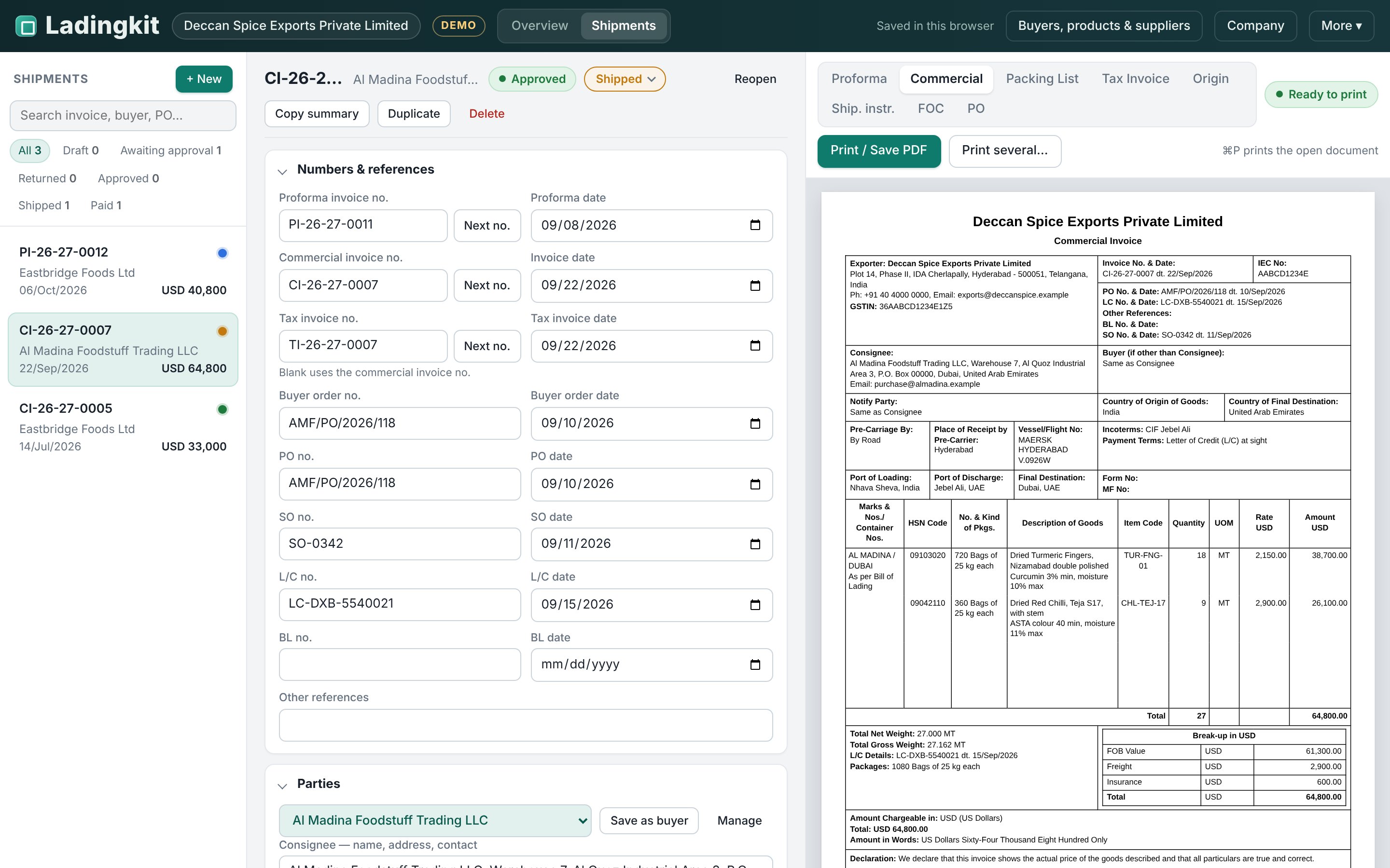 The Ladingkit screen: shipment list on the left, the form in the middle, a live preview of the commercial invoice on the right.