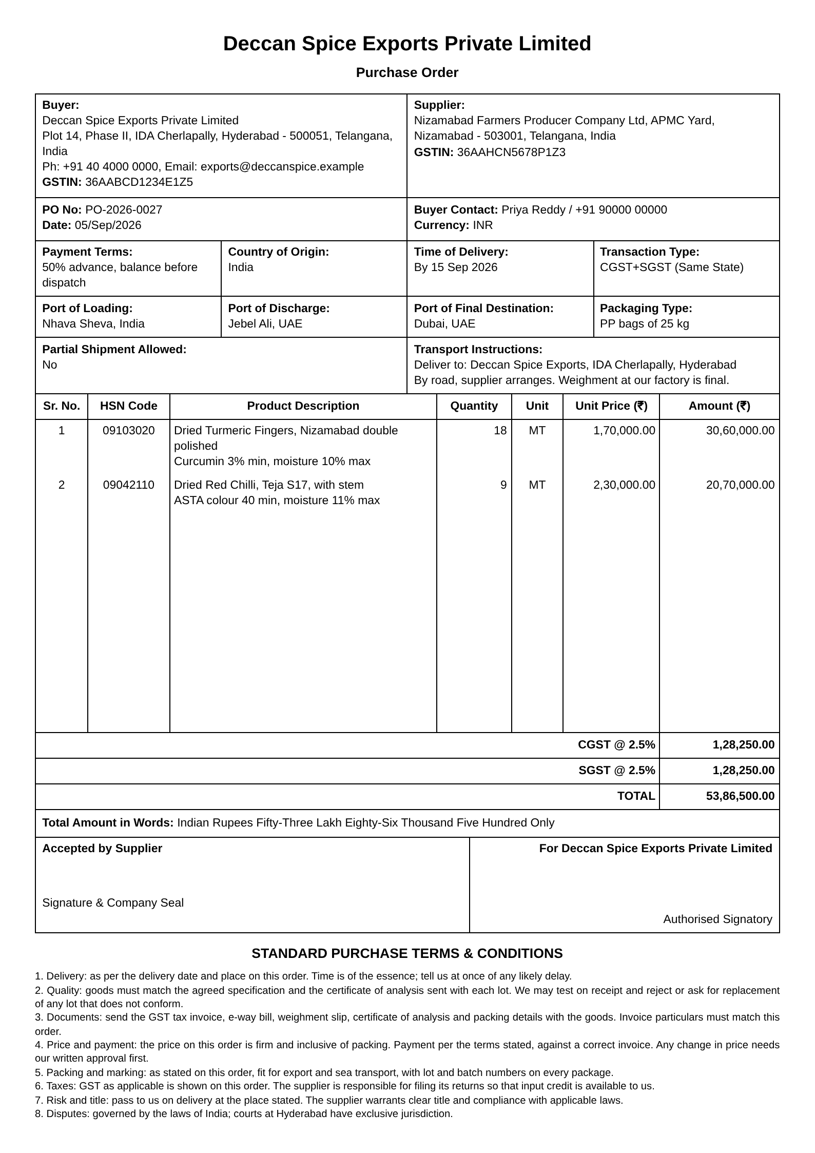 Purchase order to a supplier